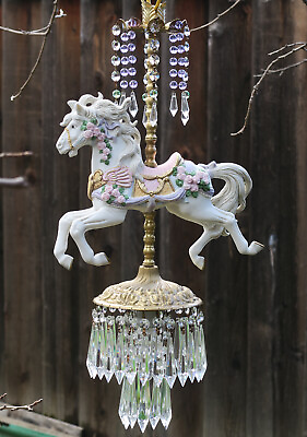 #ad LG Porcelain Violet Horse Carousel swag Lamp brass Chandelier Vintage beads rose $447.00