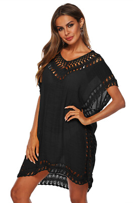 #ad Women Swimsuit Cover up Celebrity Hollow Crochet Splice Solid Cover Up Black $18.39