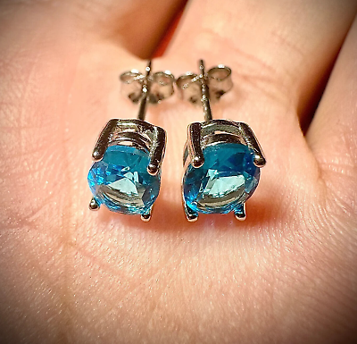 #ad Blue Topaz CZ Stud Earrings Sterling Silver 925 Stud Earrings for Women 6MM $13.98