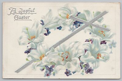 #ad TUCK Easter Silver Cross On Wreath Of Lilies Violets Emb #703 Vintage Postcard $2.70