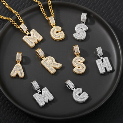 #ad Alphabet Bubble Letter Initial Pendant Cubic Chain Hop Necklace Men Women Ice CZ $13.99