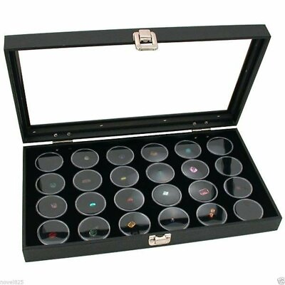 #ad New Glass Top Jewelry Display Case Box plus Black 24 Gem Large Jars insert $28.99