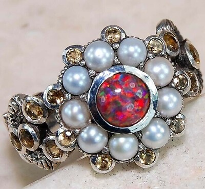 #ad Natural 1CT Red Fire Opal amp; Pearl 925 Solid Sterling Silver Ring Sz 678 FM3 $34.99