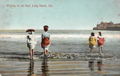 #ad quot;Wading in the Surfquot; LONG BEACH CA Beach Scene 1910 M. Rieder Vintage Postcard $17.99