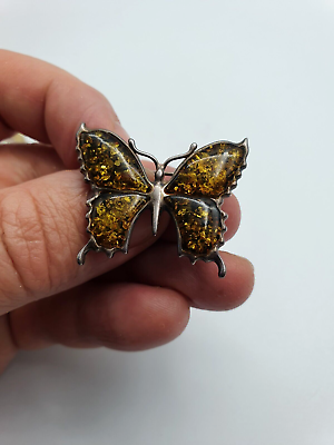 #ad Lovely Vintage Solid Silver Amber Butterfly Brooch GBP 35.00