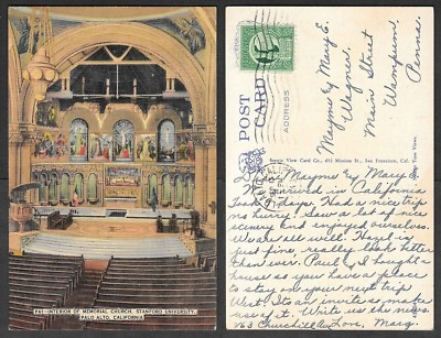 #ad 1943 California Postcard Palo Alto Stanford University Chapel Interior $3.50