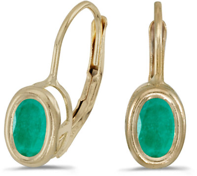 #ad 14k Yellow Gold Oval Emerald Bezel Lever back Earrings $161.95
