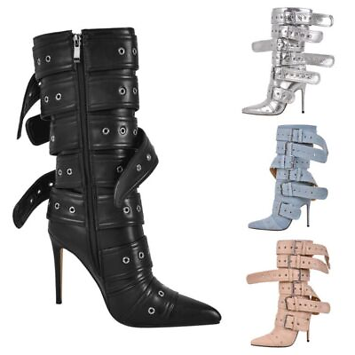 #ad Onlymaker Women#x27;s Pointed Toe Multi Buckle Straps Mid Boots High Heel Stilettos $69.99