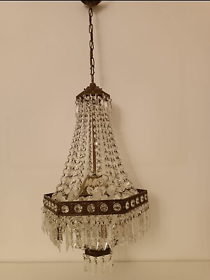 #ad Antique Vintage Brass amp; Crystals French Empire Chandelier Ceiling Lamp Light $295.00