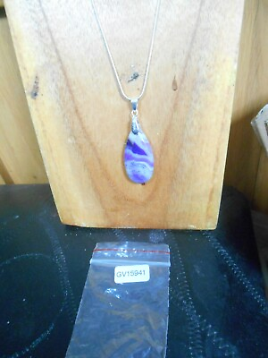 #ad Purple White Stripes Agate Teardrop pendant bead 35x17x7mm on 18quot; silver chain GBP 9.50