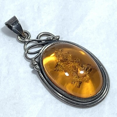 #ad Sterling Silver 925 Handcrafted Amber Pendant Oval Swirl Top $25.95