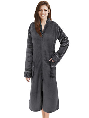 #ad Women Zipper Robe Housecoat Fleece Lounger Front Zip Up Robe Full Length Ladies $27.99