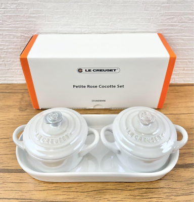 #ad Le Creuset Petite Round Cocotte Set with Tray Pearlized White Stoneware $99.77