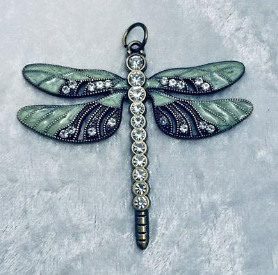 #ad GORGEOUS GREEN amp; BRASS DRAGONFLY with CLEAR RHINESTONE PENDANT $13.00