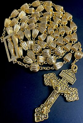 #ad Catholic Ribbed Teardrop Gold Tone Metal Rosary Pardon Crucifix Italy $15.99