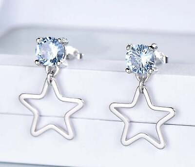 #ad 1ct Simulated Round Topaz Star Design Dangle Drop Earrings White Gold Plated $149.99