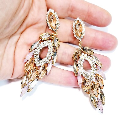 #ad Chandelier Drop Dangle Prom Pageant Earrings Rhinestone Crystal 3.5 inch Topaz $34.99