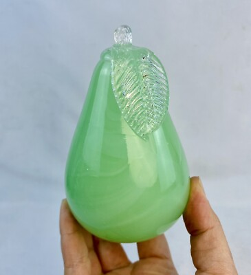 #ad Murano Alabastro Glass Jade Green Hand Blown Pear Paperweight 5” $150.00
