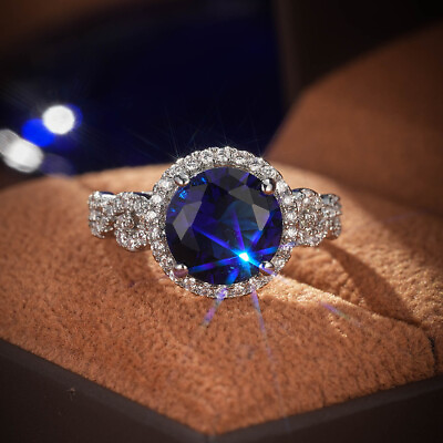 #ad 925 Silver Sapphire Ring Round Blue Zircon Wedding Rings Womens Retro Jewelry $3.91