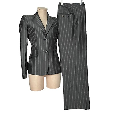 #ad Anne Klein Women Suit 2 Pc Pants 2 Button Jacket White Pinstripe Grey 2 $33.24