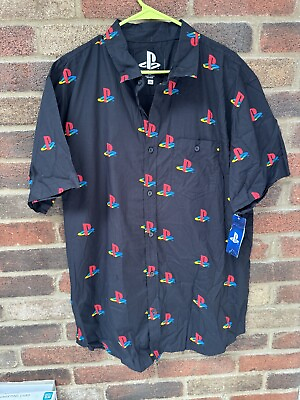#ad New Playstation Logo Button Up Short Sleeve Cotton Shirt Black 2XL Hawaiian $25.00