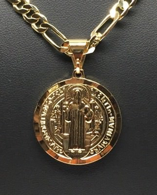#ad Gold Plated Saint Benedict Medal Pendant Necklace 26quot; Gold Plated Figaro Chain $15.99