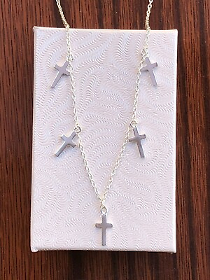 #ad Silver Cross Station Charm Choker Necklace 925 Sterling Silver 9mm 0.35quot; 15.5quot; $28.45