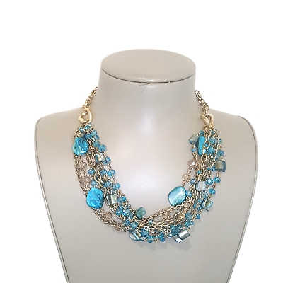#ad Beautiful Gold Tone Blue Shell Multi Layered Necklace NWT $10.39