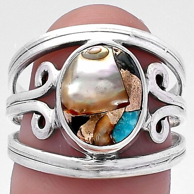 #ad Natural Approx. 2ct. Copper Abalone Shell 925 Solid Sterling Silver Ring Size 8 $34.64