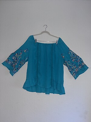 #ad Zac amp; Rachel Blue Flowey Boho Blouse With Floral Embroidered Sleeves Sz XL $12.00