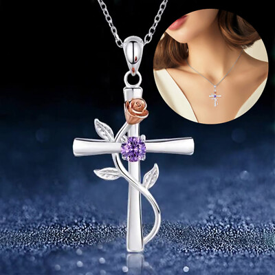 #ad Cross Silver Color Chain Necklace Women Rose Flower Pendant Necklace Jewelry Ṅ $1.89