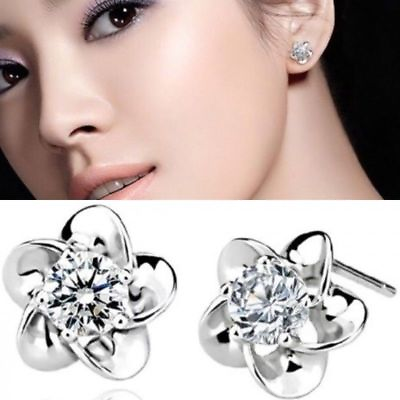 #ad 925 Zirconia Flower Earrings Sterling Silver Plated Crystal Studs Jewellery Pin GBP 3.99