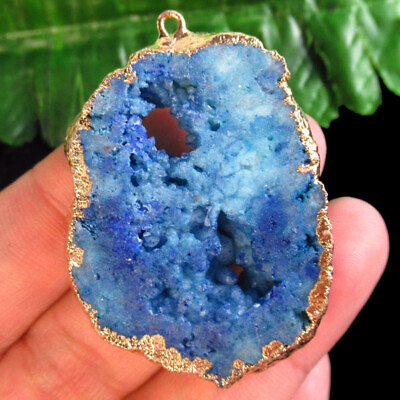 #ad D72811 Wrap Blue Titanium Crystal Agate Druzy Quartz Geode Pendant Bead $12.44