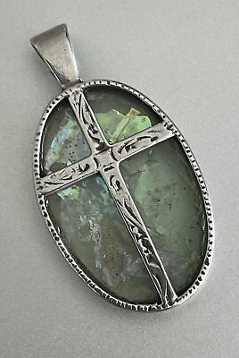 #ad ROMAN GLASS Sterling Cross Oval Pendant Cert of Authenticity M.P. Shikmim ISRAEL $85.00