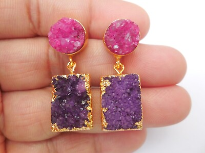 #ad Druzy Agate Gold Plated Earrings Chandelier Gemstone Purple Pink Stud Jewelry $19.53