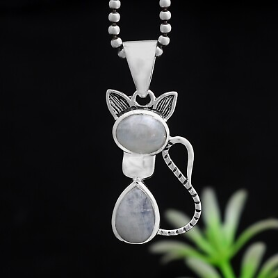 #ad Natural 925 Sterling Silver Rainbow Moonstone Cats Pendant Necklace for Women $46.99