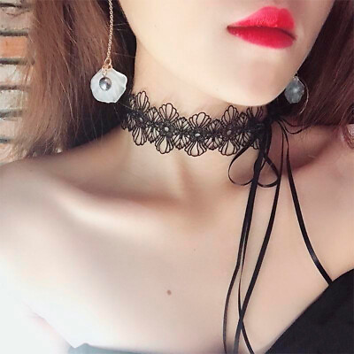 #ad Black Lace Choker For Women Girls Gothic Bowknot Choker With Long Ribbon Lolita $1.30