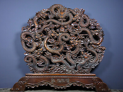 #ad 26quot;Chinese Vintage Rosewood Carved Nice Dragon Statue Screen Wooden Home Decor $589.99