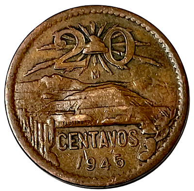 #ad 1946 Mo Mexico 20 Centavos World Type Coin Pyramid Volcanos KM# 439 Lot A9 15 $6.11