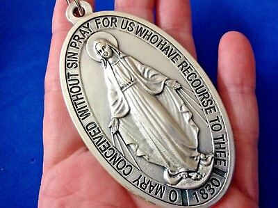 #ad Large VIRGIN MARY MIRACULOUS Devotion Medal 3 1 2quot; Saint Medal Italy Twin Hearts $30.87