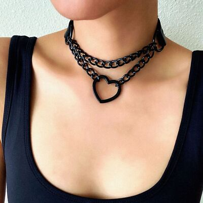 #ad Heart Choker With Chain Goth Collar Grunge Punk Cute Cosplay Necklace Harajuku $14.99