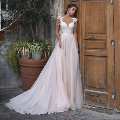 #ad Tulle Princess Wedding Dress A Line Short Sleeves Backless Illusion Beads Lace $334.54