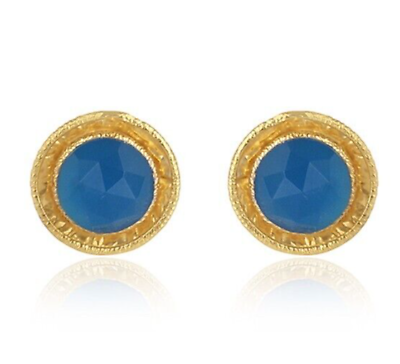 #ad Gold Hammered Round Stud Earrings Blue Chalcedony Cute Girls Women Gift Jewelry $17.99