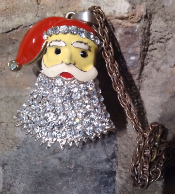 #ad Enamel and Rhinestone Santa Head Necklace Christmas $9.98