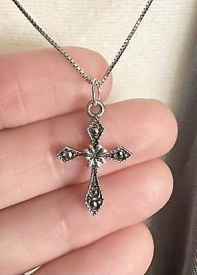#ad Beautiful Marcasite Cross 925 Sterling Silver Necklace 18 In $38.00