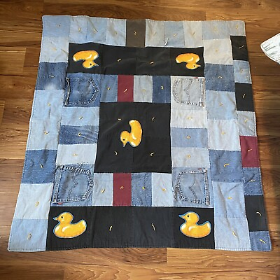 #ad Handmade Blue Jean Quilt Throw Blanket 48”X 26” Lined W Fleece Little Duckies.￼ $34.88