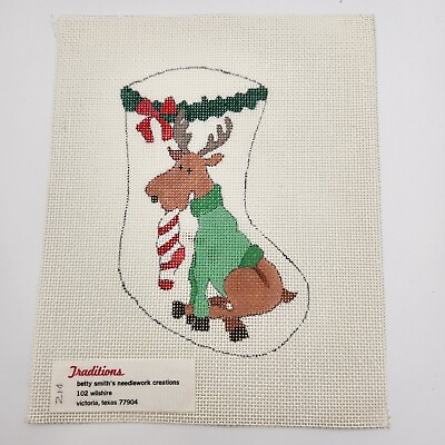 #ad Needlepoint 16Ct Canvas Betty Smith Traditions New Handpainted Moose stocking $25.00
