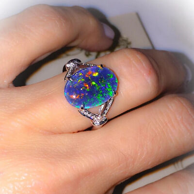 #ad 14K White Gold Natural Black Opal Genuine Diamond Anniversary Gift Ring For Her $1625.40