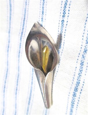 #ad Estate Vtg 70s Ster BROOCH: stylized CALLA LILY pin Metales Casados LATON Taxco $28.00