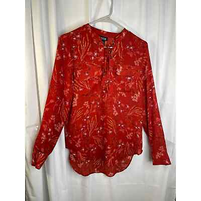 #ad ANA blouse tunic women#x27;s small red crimson semi sheer floral boho tie front $14.00